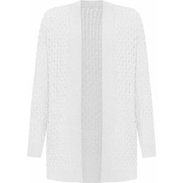 (White, M/L UK 12-14) Ladies Cable Knitted Open Pocket Cardigan Plus Size Long Sleeve Grandad 8-22
