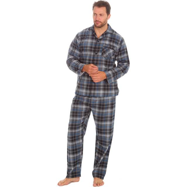 (Grey, L) Mens 100% Cotton Dyed Yarn Flannel Checked Pyjama Set Chest Pocket Buttons Long Sleeve M-Xxl