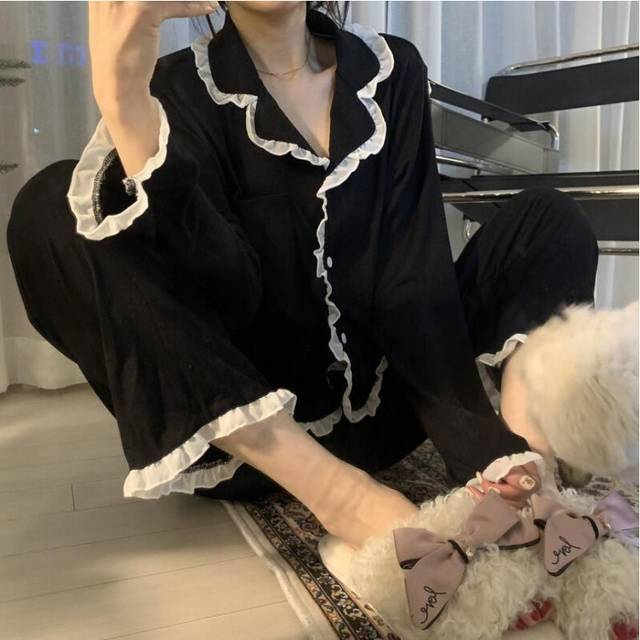 (Black ruffles?suit?long sleeves, XXL) Black Pajamas Women'S Autumn Winter Korean Version Instagram Lace Cute Soft Comfortable Long Sleeved Pants Set