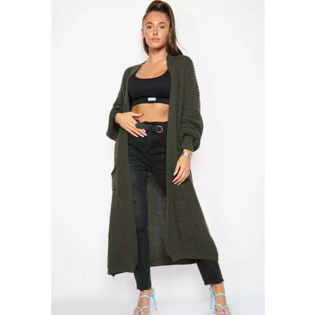 (Khaki, UK ML 12-14) Womens Chunky Knitted Oversized Cardigan Lady Balloon Sleeve Long Maxi Cardigan.