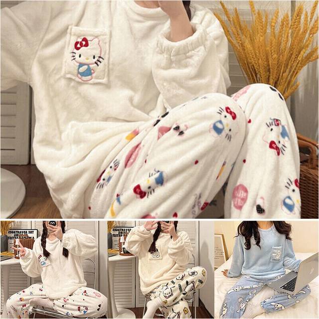 (Hallo Kitty, Tag M=EU S) Ladies Fleece Pyjama Set Soft Warm Crew Neck Top Pants Loungewear Nightwear#
