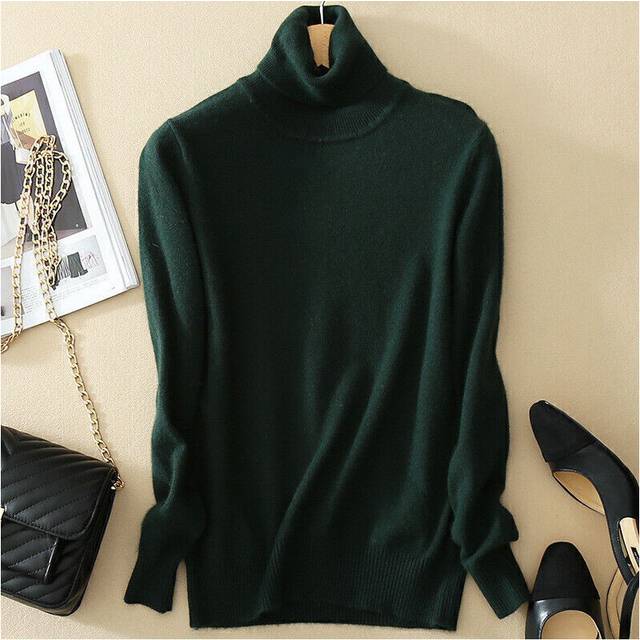 (Dark green, M) Women's Slim Knitted Turtleneck Sweater Cashmere Jumper Pullover Elasticity cozy