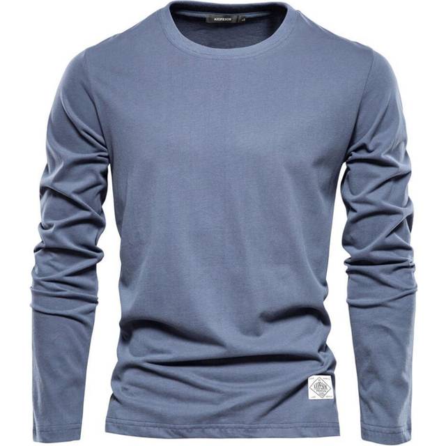 (blue, M) Usegiraffe 100% Cotton Long Sleeve T shirt For Men Solid Spring Casual Mens T-shirts High Quality Male Tops Classic Clothes Men&apos;s T-shi