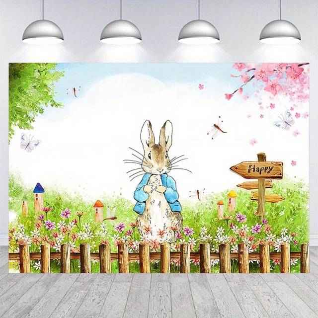 TEMU Rabbit In Blue Clothes Easter Background Vegetable Bunny Birthday Party Photography Studio Backdrop Poster
