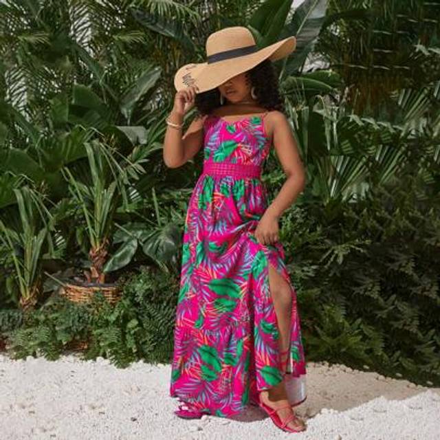 SHEIN Tween Girl Summer Vacation Casual Tropical Print Woven Hawaiian Cami Dress, Suitable For Holiday And Beach