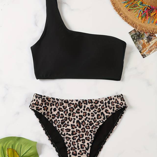 TEMU Chic One-shoulder Leopard Print Bikini Set For Women - High Stretch, Non-transparent Swimwear With Matching Bottoms