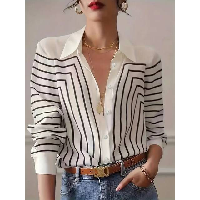 (B25SHH24332461, L) Spring Summer Women's Oversized Shirt Blouse-Black & White Linear Print Button Down Tops,Casual street style Stretch Blouse