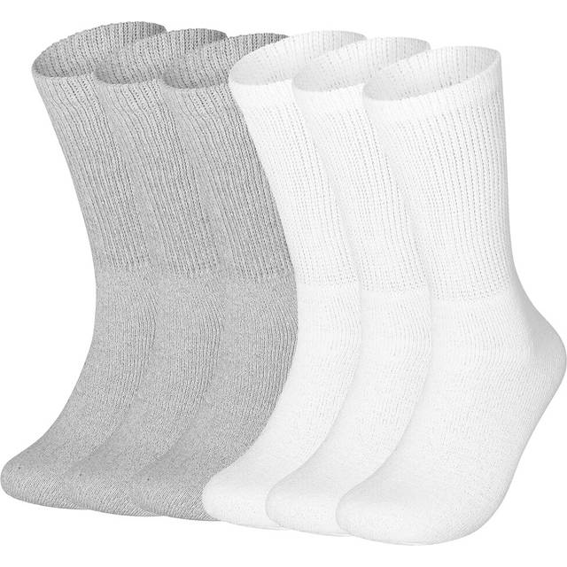 Special Essentials 6 Pairs Non-Binding White & Grey Cotton Diabetic Crew Socks With Extra Wide Top For Men and Women White and Gray 13-15