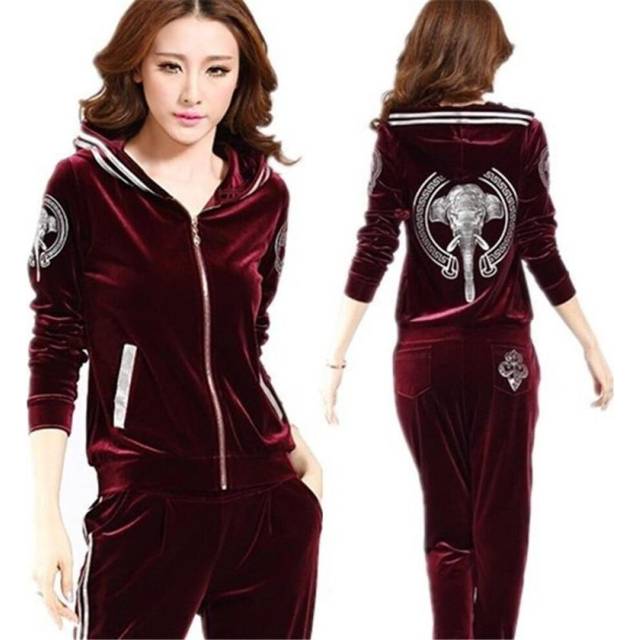 (wine red, M) Women Velvet Tracksuits Spring Hooded Jacket+Trousers Two Sets Velvet Sportswear Suit Plus Size Women Pants Set