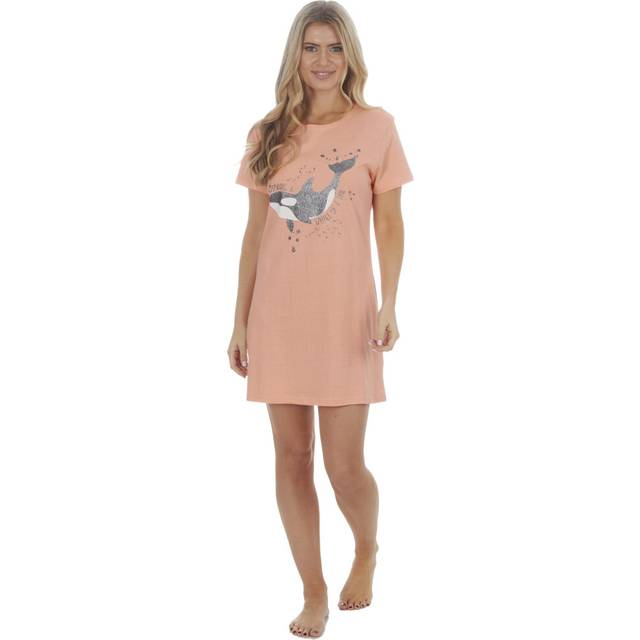 (Coral, 8-10) Ladies Summer Whale Elephant Printed Nightie Nightshirts 100% Cotton Short Sleeved Nightdress