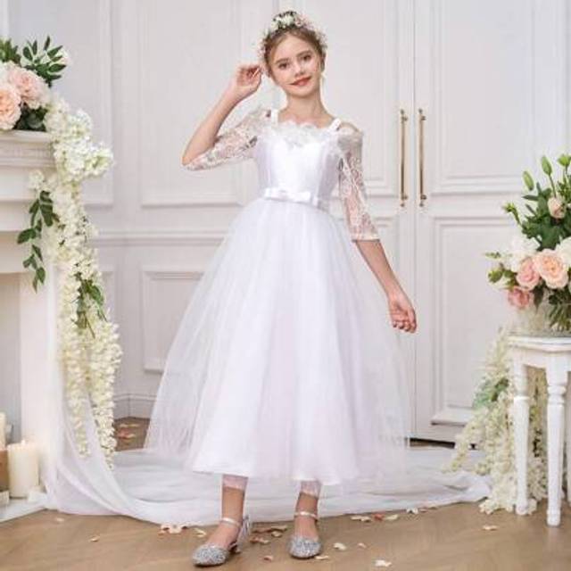SHEIN Tween Girls Elegant White Lace Wedding Bridesmaid Party Ball Gown, Floor Length Formal Dress For Graduation, Birthday, Recital