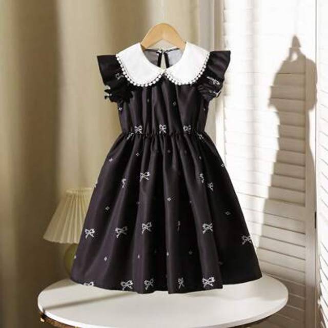 Girl&#39;s Bow Print Peter Pan Krage Cap Sleeve A-Line Klänning - Svart (6Y,7Y,4Y,5Y)