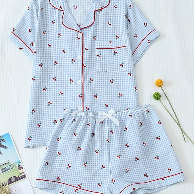 TEMU Two-piece Women's Blue Cherry Print Summer Pajama Set, Short-sleeved Button- Shirt With Turned Collar And Bow Shorts, Clothes For Spring And Summer