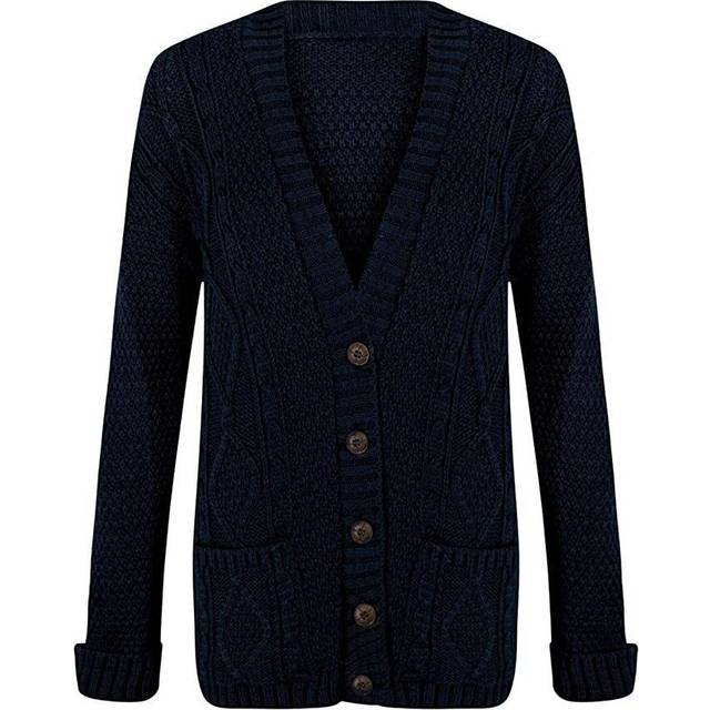 (Navy, 16-18) Womens Ladies Chunky Cable Knit Cardigan Button Long Sleeves Grandad Cardigans