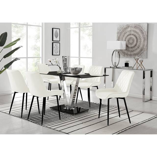 Ransart Modern Luxury Glass & Metal Dining Table Set With 6 Luxury Velvet Dining Chairs - Black (6)