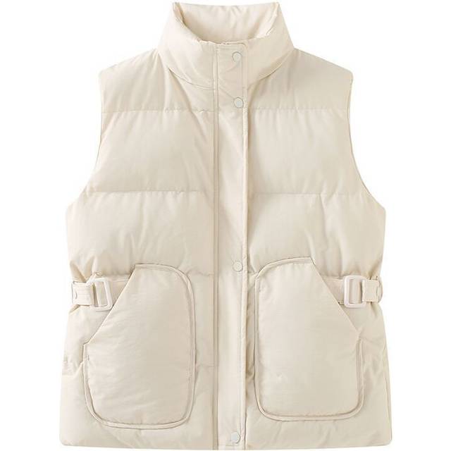 (Cream White, UK L=Tag Size 2XL) Womens Winter Zip up Vest Jacket Body Warmer Padded Quilted Lady Gilet Waistcoat