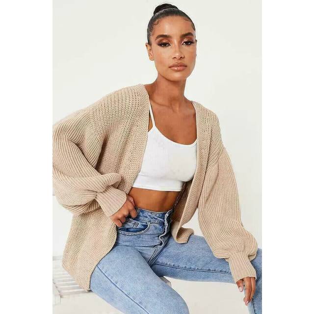 (Beige, One size 8-22) UK Womens Chunky Knitted Oversized Cardigan Ladies Balloon Sleeve Short Cardigan