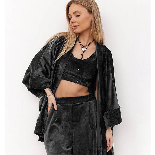 (black, L) HiLoc Autumn Solid Velvet Shorts Pajamas Sets 3 Pieces Fashion Sexy Crop Tops Lace-Up Loose Robe Sleepwears Women Shorts Suits