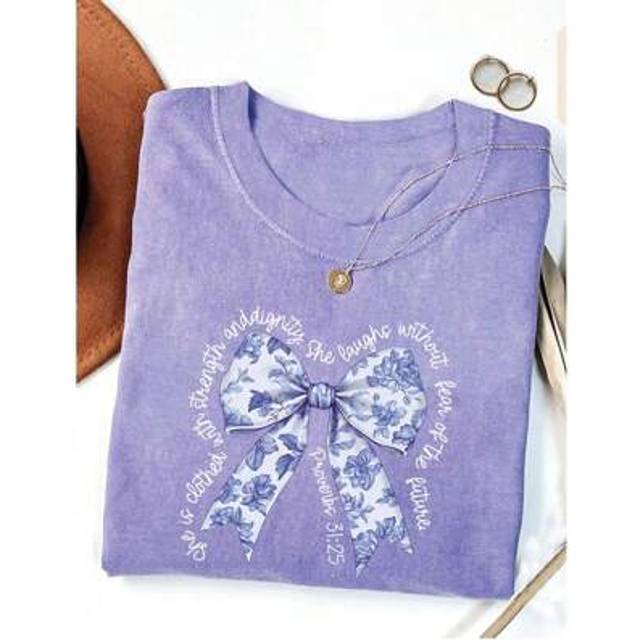 INAWLY Coquette Christian Comfortable Colorful Blouse, Blue Floral Print Bowknot Shirt With Bible Verse, Christian Fashion Gift For Mom, Suitable For Church