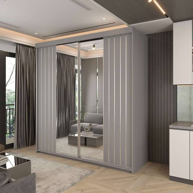 Marbella 2-Door Wardrobe – Sliding Doors, White/Grey/Votan – 150cm/200cm (217cm H x 200cm W x 62cm D)