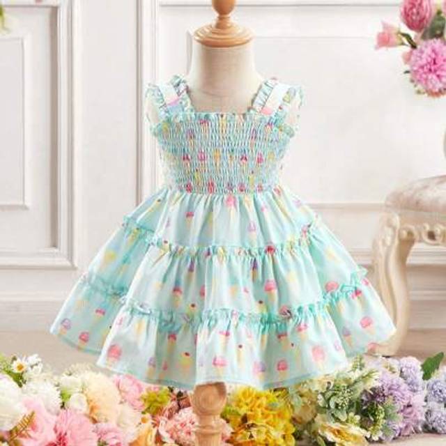 SHEIN Fern Glow Baby Girl Cute Summer Ice Cream Pattern Ruffle Trim Dress