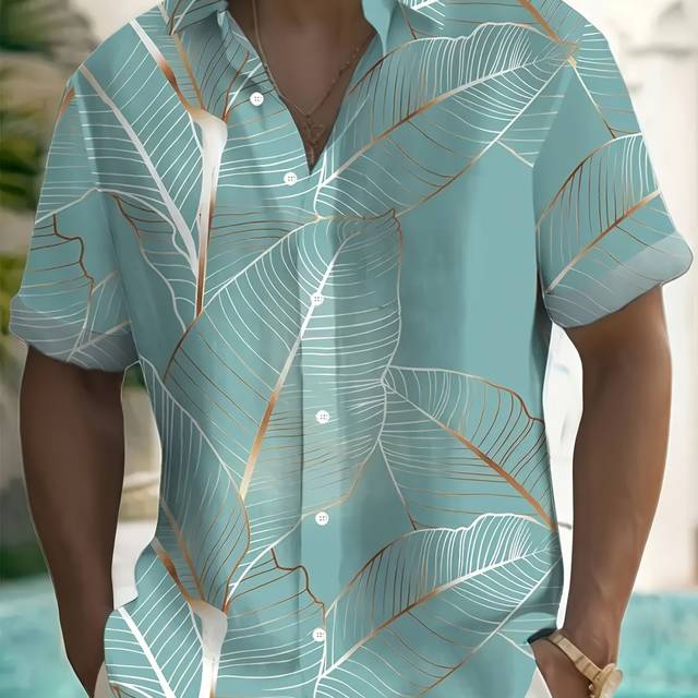 TEMU Men's Tropical Leaf Shirt - Short Sleeve Button-up Summer Shirt With Teal & , Breathable Regular Fit For Beach, Outdoor & Summer Gatherings, Beach Party Apparel | Opaque Material