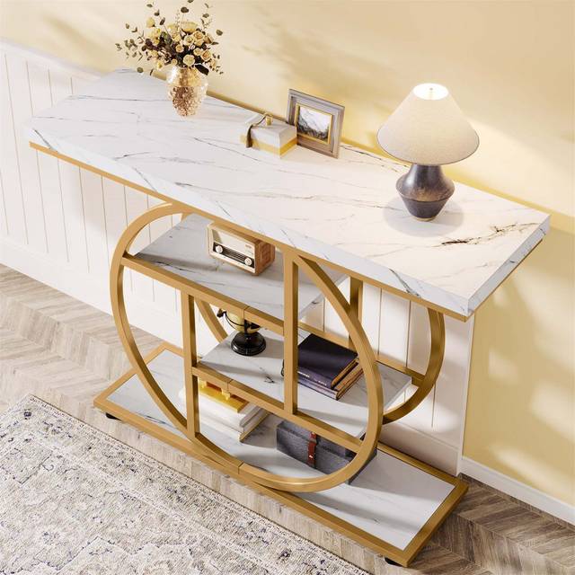 Industrial Console Table With Storage Shelves For Living Room, Hallway - White (80cm H X 105cm W X 29.5cm D)