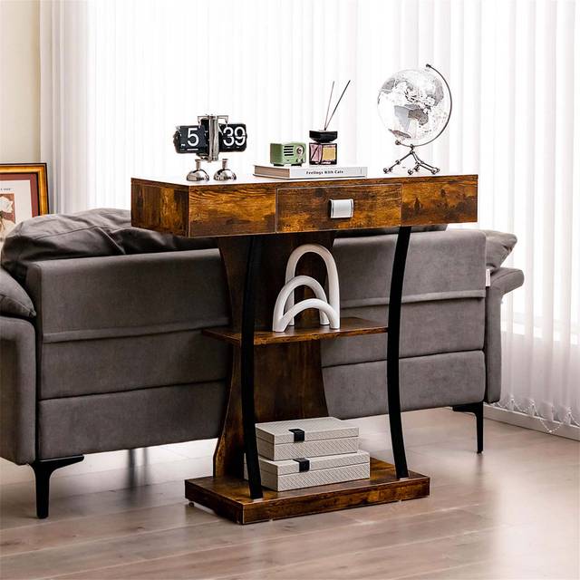 Narrow Console Table With Drawer And Storage Shelves - Black