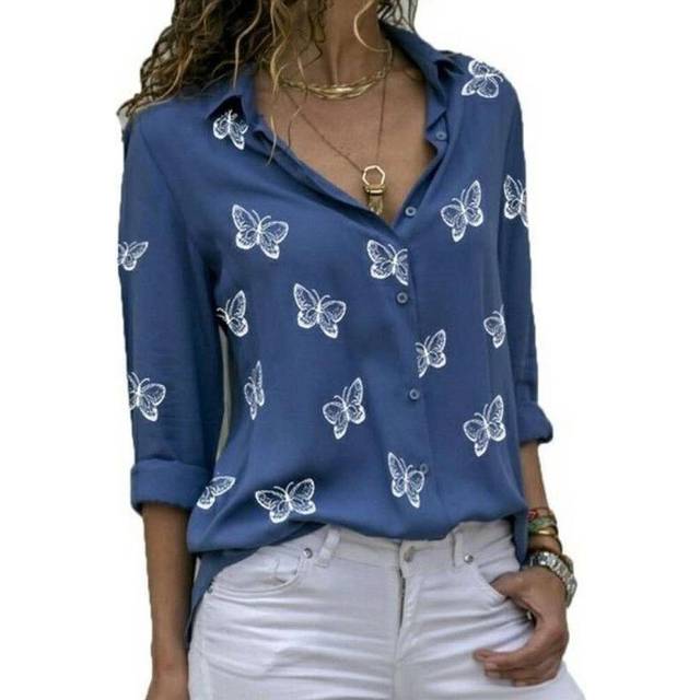 (Blue, XXXL) Women Long Sleeve Blouse Oversized Spring Autumn Turn Down Collar Loose Office Lady Casual Butterfly Printing Basic