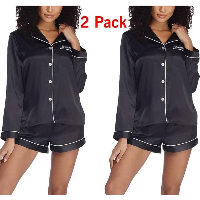 (Black - 2 Pack, XL) 2 Pack Womens Satin Pyjamas Silk Nightwear PJs Set