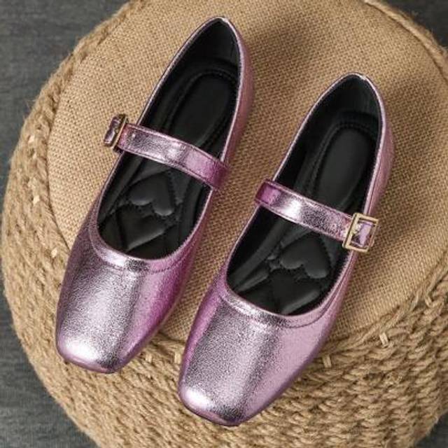SHEIN Women&#39;s Summer New Mary Jane Fashion Versatile Square Toe Flat Shoes, Comfortable Minimalist Cracked Pattern Pink High-End Buckle Gilded French Elegan