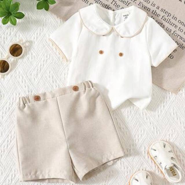 SHEIN 2pcs Baby Boy Cute Casual Summer Rib Collar Shirt & Shorts Set, Gentleman Style Outfit Suitable For Birthday Party, Cocktail, Performance, Wedding, Ba