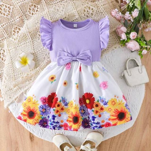 SHEIN Baby Girl&#39;s Cap Sleeve Patchwork Print Dress, Summer