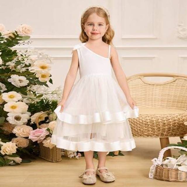 SHEIN Girls Bowknot Decor Strappy Tulle Skirt Dress, Special For Wedding, Suitable For Flower Girl, Party, Holiday In Summer