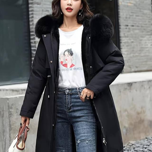 TEMU Women' Long Winter Coat With Fur Collar And Velvet Lining - Warm -padded Jacket, Casual Korean Version, Black, Multiple Sizes (s To Xxl), Cold Weather Apparel | Coat | Cozy , Winter Jacket