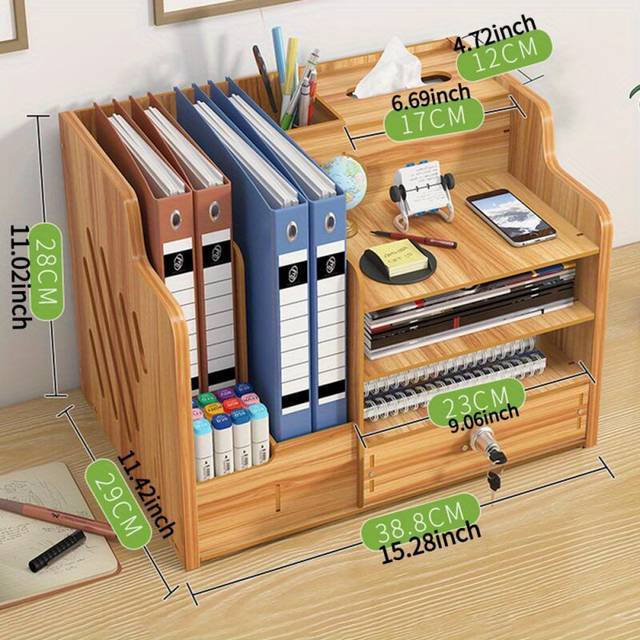 TEMU 1pc Wooden Office Desk File Cabinet Pen Pencil Storage Holder Organizer W/ Drawer