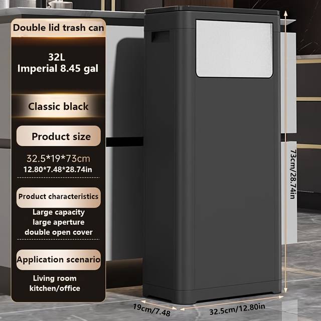 TEMU 32l/25l Dual- Trash Can, Black Plastic Rectangular Waste Bin With Press/push Dual-open Lid, Large Capacity For Home And Commercial Use, No Electricity Needed