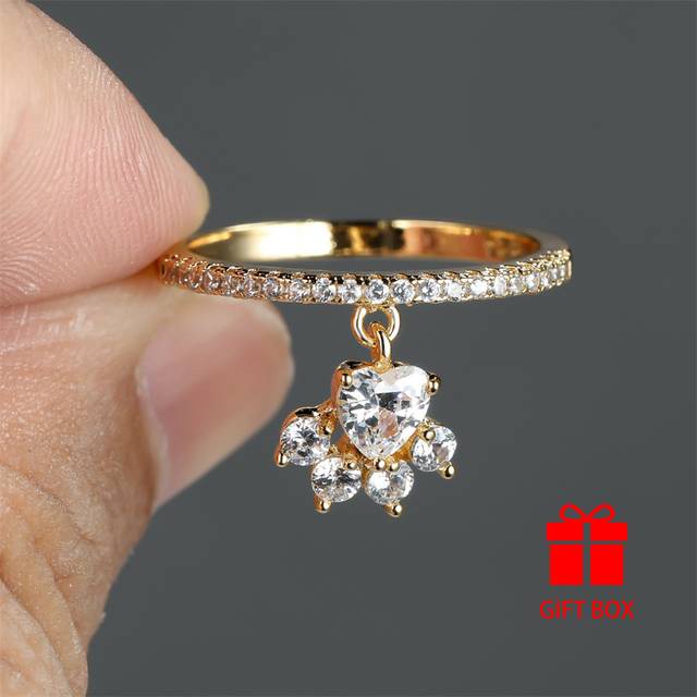 TEMU Elegant Golden-tone Dog Paw Print Ring With Cubic Zirconia - Luxurious Copper Jewelry For & , Includes Gift Box, Jewelry|paw Print Motif|zirconia Embellishments, Cute Jewelry