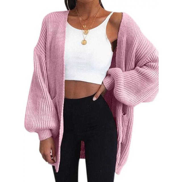(Dusty pink, One size 8-22) UK Womens Chunky Knitted Oversized Cardigan Ladies Balloon Sleeve Short Cardigan