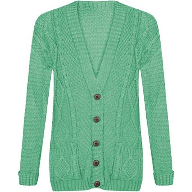 (Mint, 8-10) Womens Ladies Chunky Cable Knit Cardigan Button Long Sleeves Grandad Cardigans