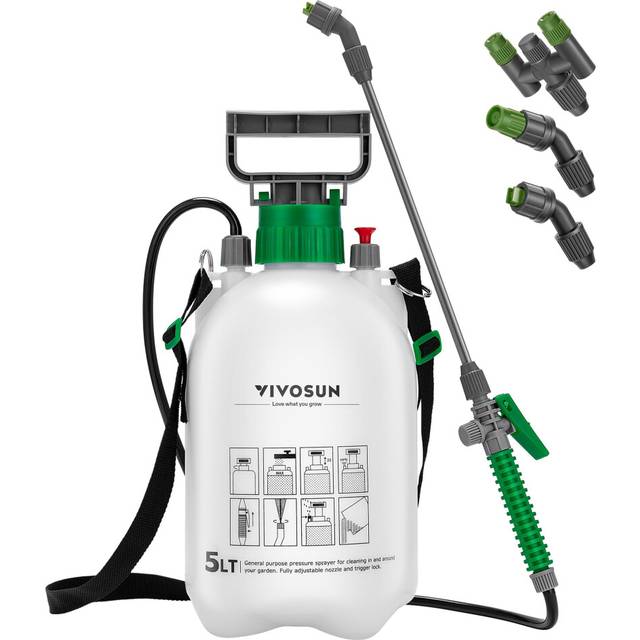 VIVOSUN 1.3 Gallon Pump Pressure Sprayer, 5L Pressurized Lawn & Garden Water Spray Bottle with 3 Water Nozzles, Adjustable Shoulder Strap, Pressure