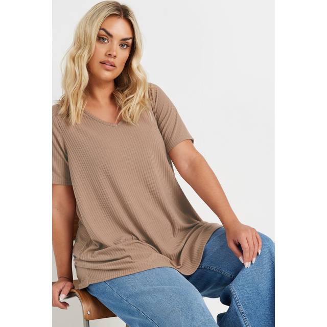 Yours Curve Brown Ribbed Swing Vneck Tshirt, Women's Curve & Plus Size, Yours - 26-28