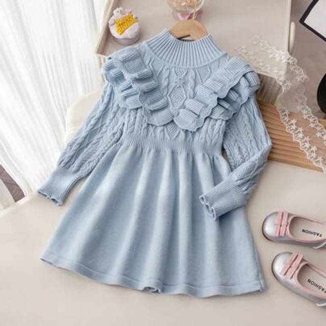 SHEIN Young Girls High Collar Ruffle Trim Long Sleeve Knitted Sweater Dress, Casual Everyday Wear, Warm Soft Comfortable, Cute & Elegant