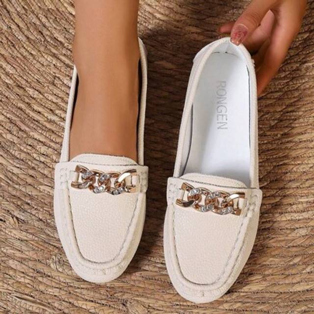 Nya kedjelöpare för damer, mjukt läder English Penny Loafer Slip-On Flats - Vitt (CN36,CN37,CN38,CN39,CN40,CN41,CN42,CN43)
