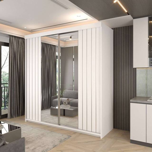 Marbella 2-Door Wardrobe – Sliding Doors, White/Grey/Votan – 150cm/200cm (217cm H x 200cm W x 62cm D)