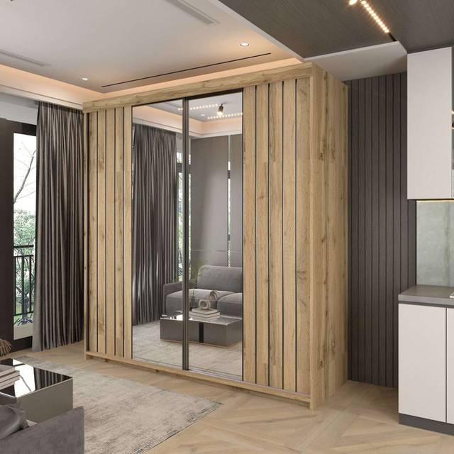 Marbella 2-Door Wardrobe – Sliding Doors, White/Grey/Votan – 150cm/200cm (217cm H x 200cm W x 62cm D)