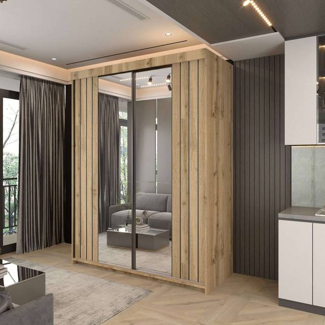 Marbella 2-Door Wardrobe – Sliding Doors, White/Grey/Votan – 150cm/200cm (217cm H x 150cm W x 62cm D)