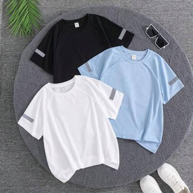 SHEIN 3pcs/Set Kids Tween Boys&#39; Casual Sports Versatile Reflective Stripe Round Neck Loose Knit Short Sleeve T-Shirt, 3 Different Designs, Suitable For Scho