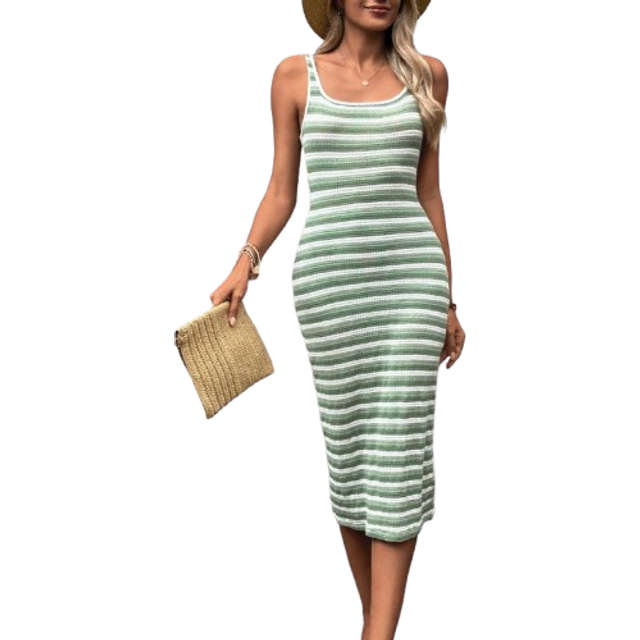 SHEIN Ladies&#39; Summer Striped Textured Knitted Slimming Casual Holiday Dress,Pastel Dresses For Women