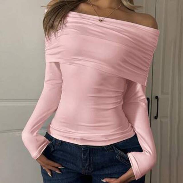 CovetEZ Lotus Root Pink Knit Off-Shoulder Long Sleeve Casual T-Shirt For Women